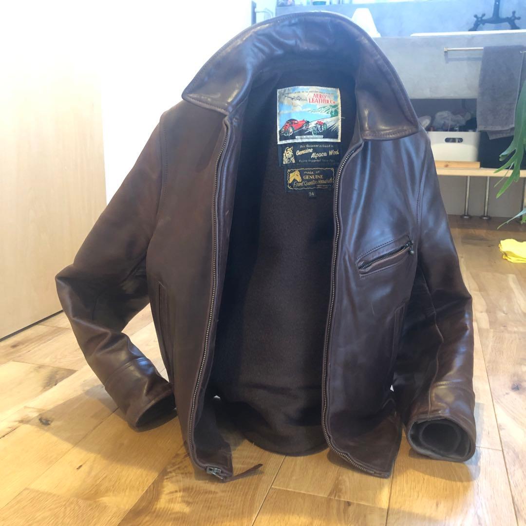 エアロレザー　ハーフベルト　シングルライダースジャケット 34 ブラウン