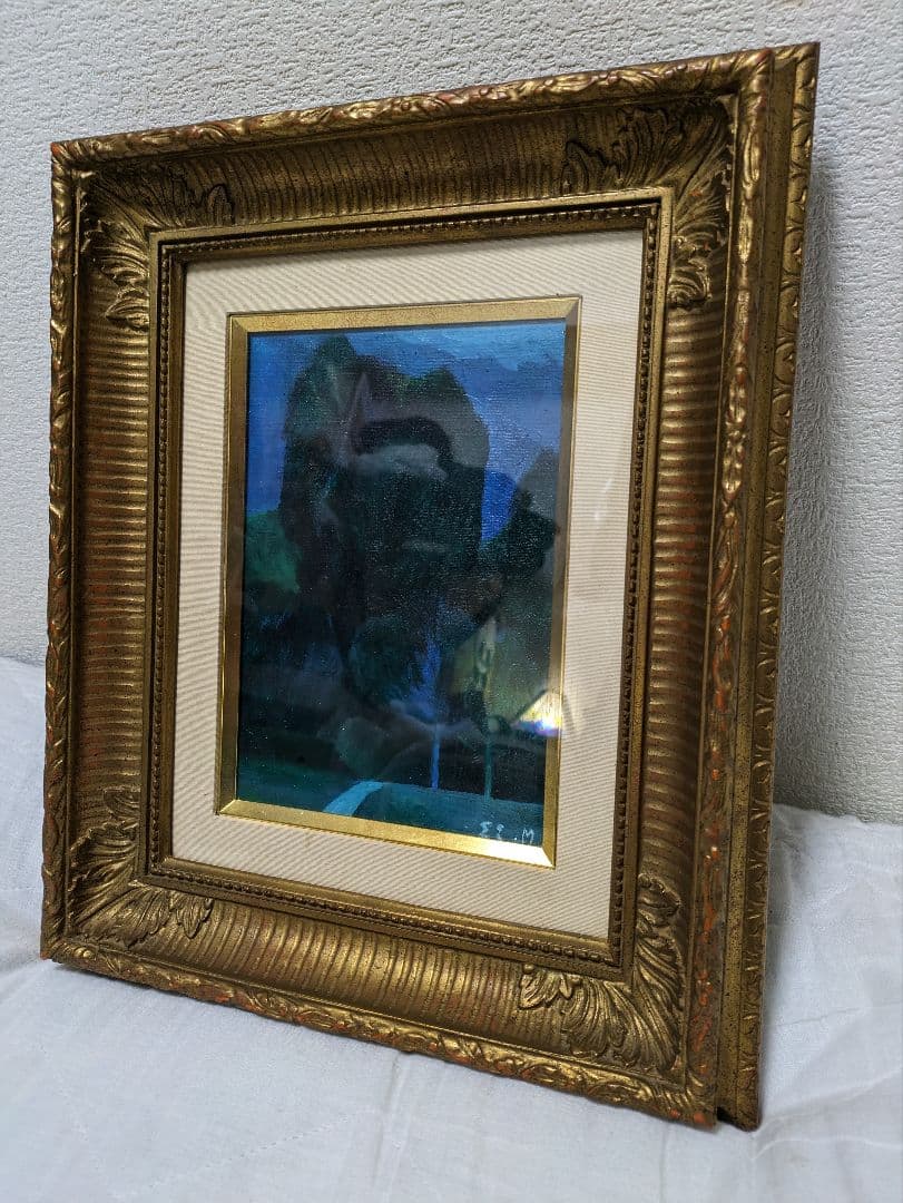 増井　英　. 風景画 青と緑のトーン　　春陽会理事　油絵　画廊箱書名