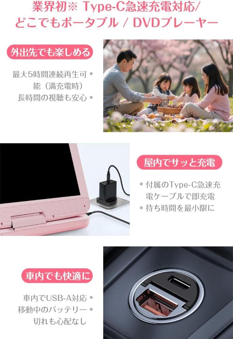 ✨ポータブルDVDプレーヤー typec充電 10.5インチ✨リージョンフリー