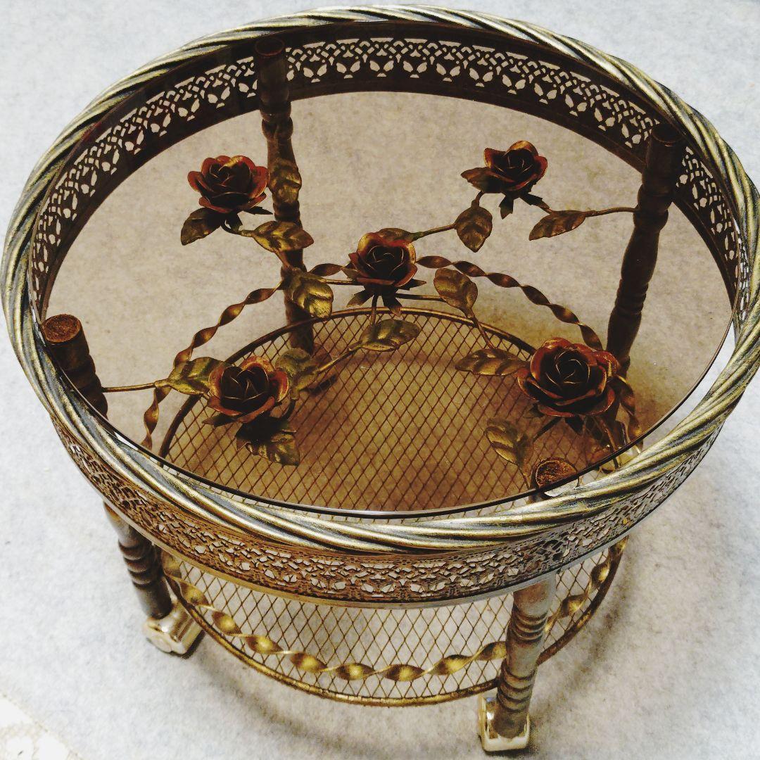 ✨アンティーク✨薔薇 ガラステーブル サイドテーブル 丸 ルネサンス