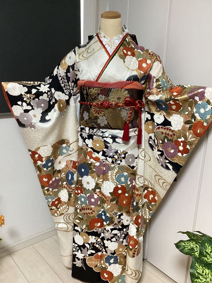王道の古典柄 正絹振袖三越誂え 買い足し無しのフルセット 身丈166cm 裄長