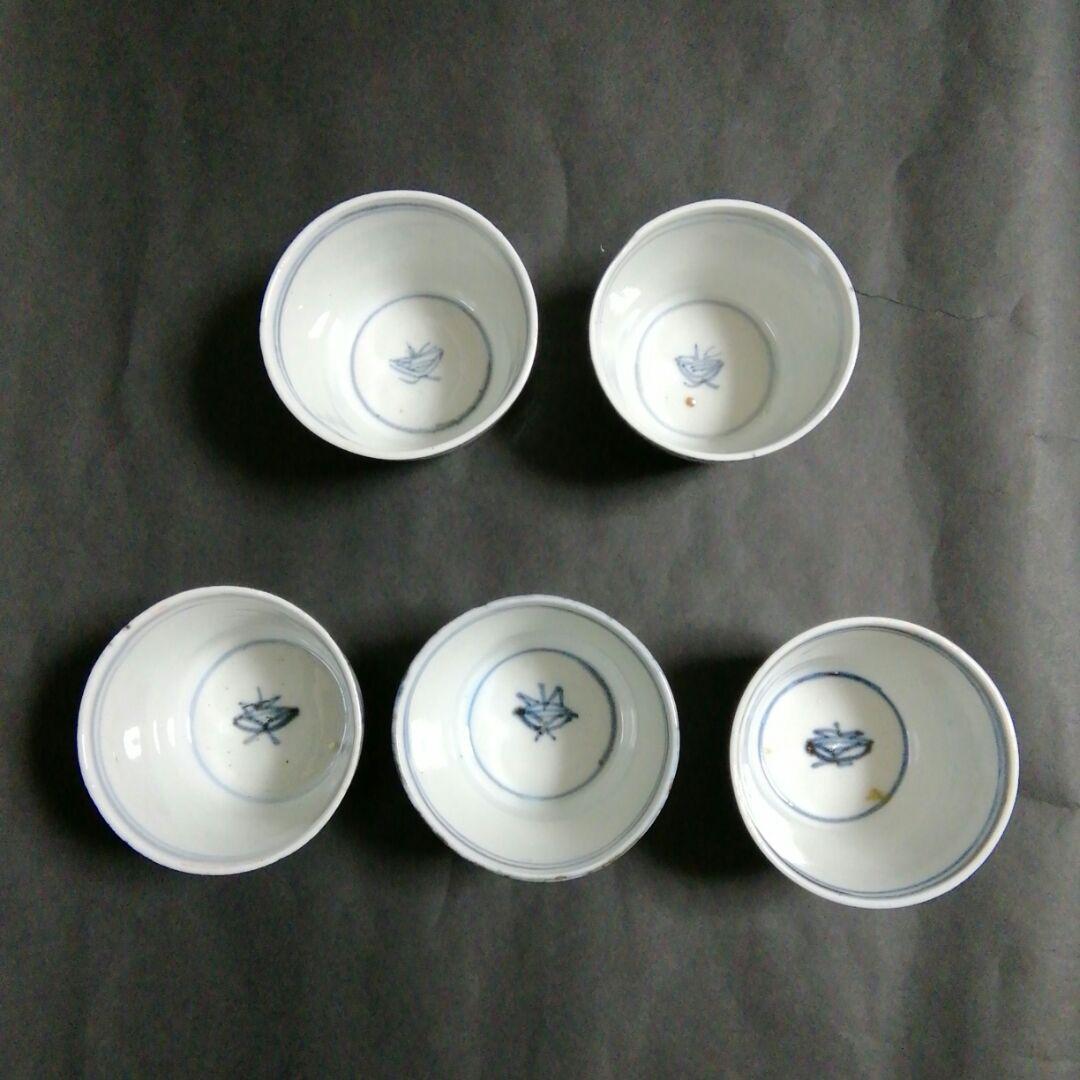古伊万里蕎麦猪口　古伊万里市松、宝繋ぎ組合せ文蕎麦猪口　５客揃　江戸後期