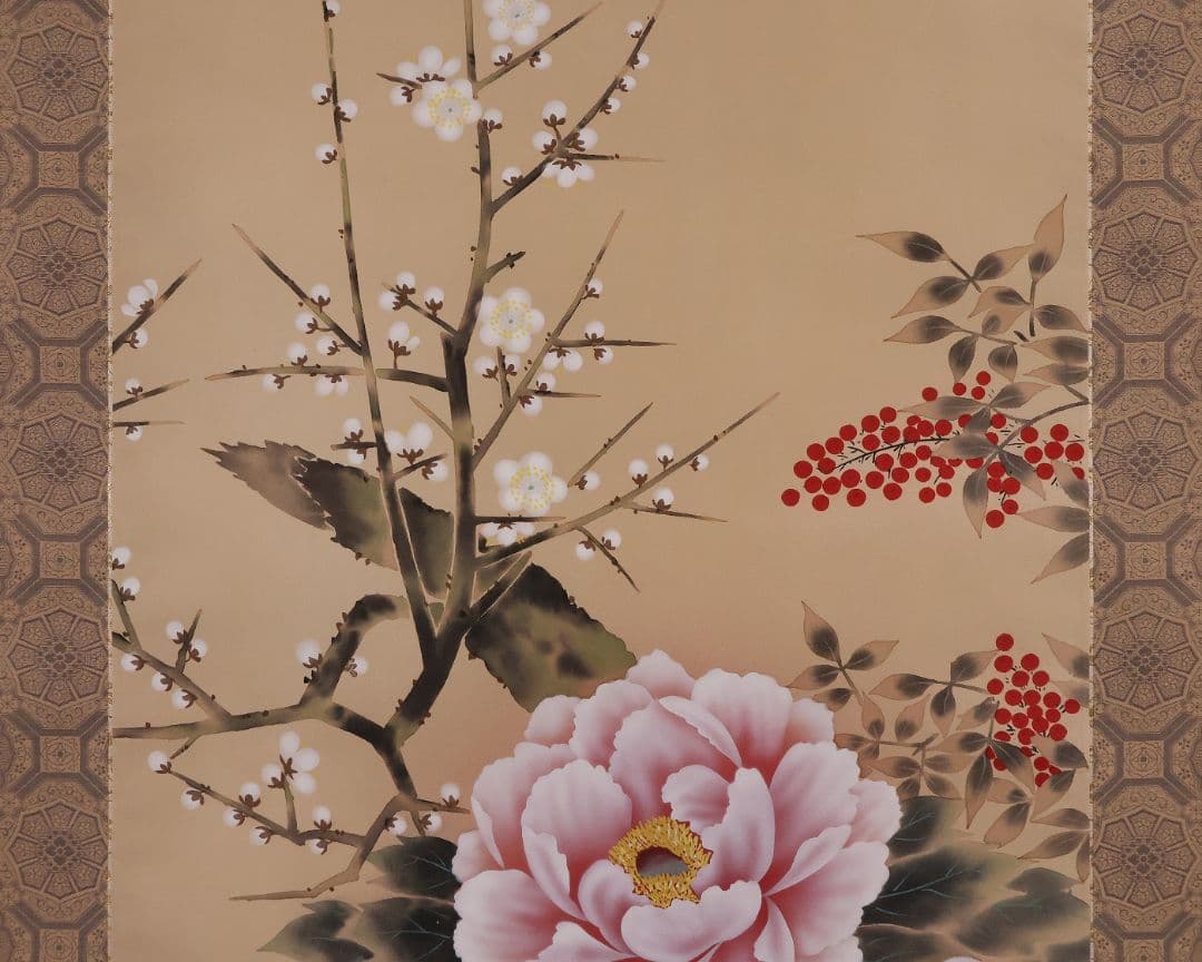 【模写】日本画 光翠 四季花 絹本 掛軸 彩色 草花 MA986