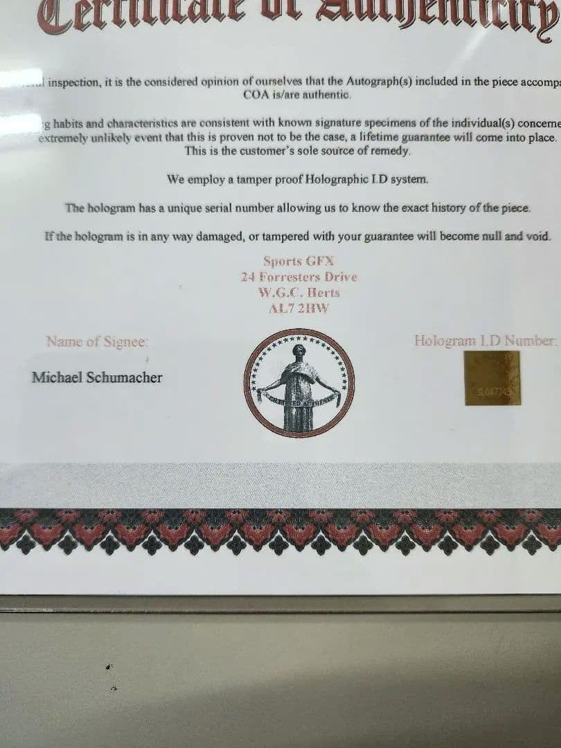 ミハエル・シューマッハ　F1　　　　サイン入りフォト　証明書付き