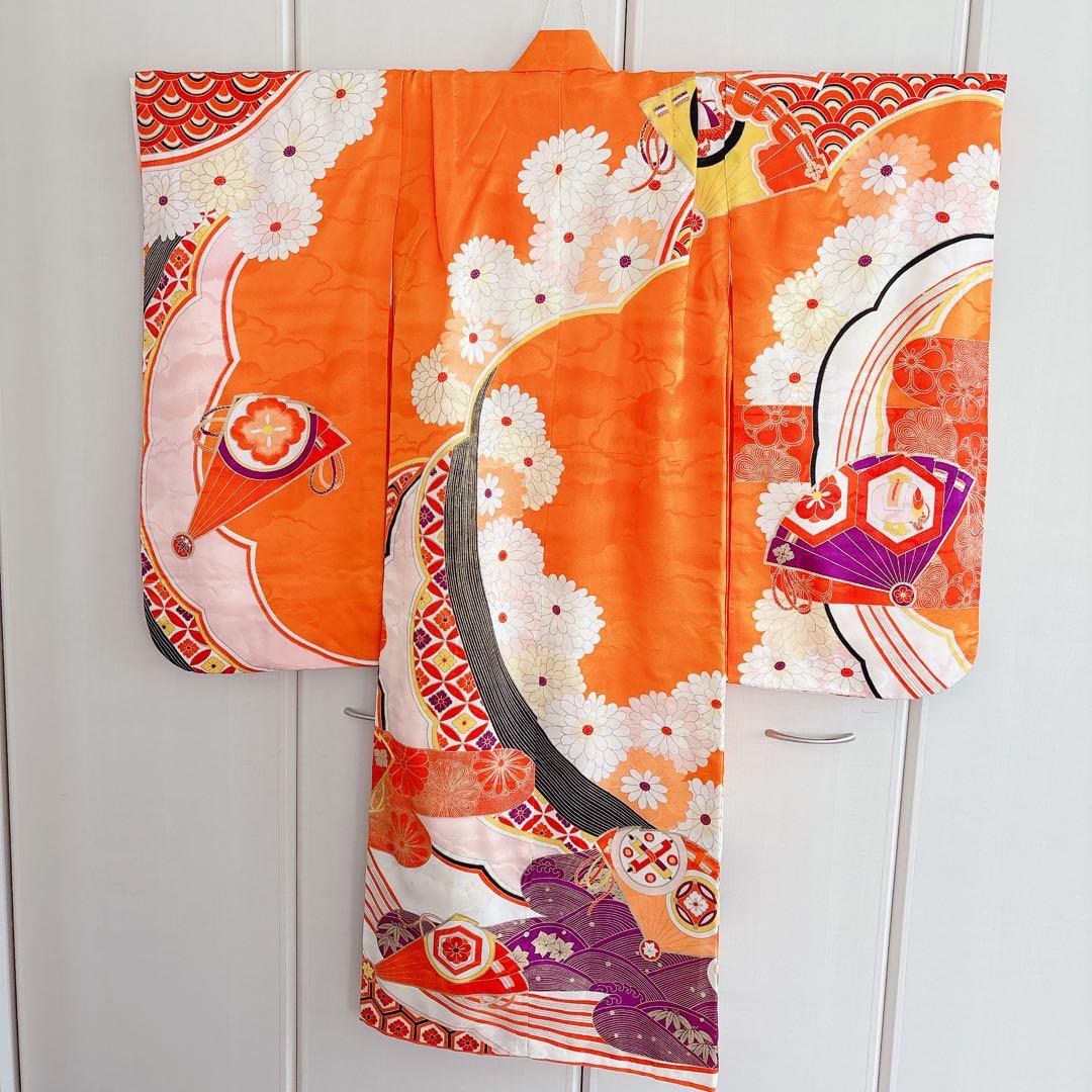 七五三　7歳　四つ身　子供着物　作り帯　女の子　長襦袢　フルセット　オレンジ
