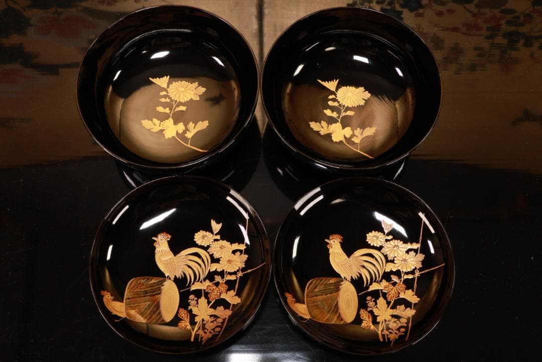 BJ132　時代輪島　加賀蒔絵　鶏図　吸物椀　二客　木製　茶道具 懐石 会席