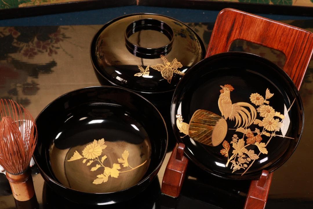 BJ132　時代輪島　加賀蒔絵　鶏図　吸物椀　二客　木製　茶道具 懐石 会席