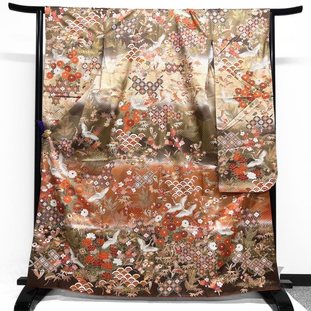 金駒刺繍　金彩　菊花　鶴伝統和模様　振袖　成人式 晴れの日 着物 022a p