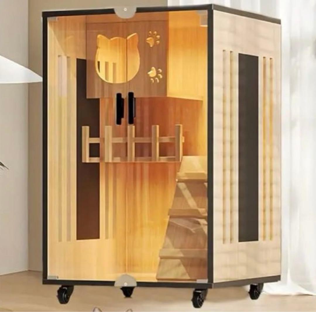 猫 ケージ 2段 木製 小型 窓付き ガラス扉 両開き ドア キャスター付き