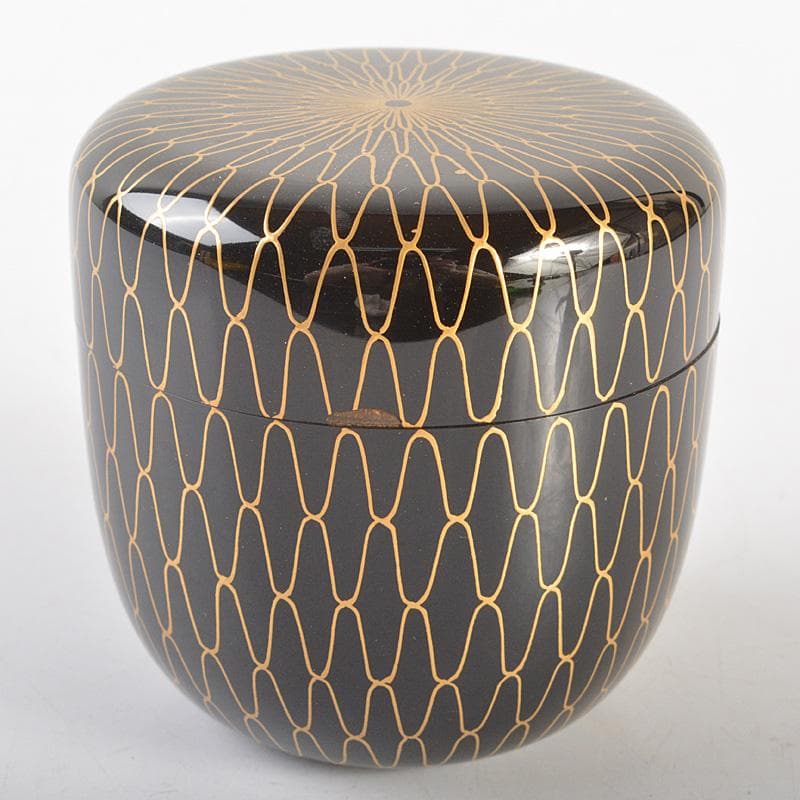 茶道具　山中塗　熊谷秀穂作　黒金網目蒔絵　中棗　共箱　V　R6783