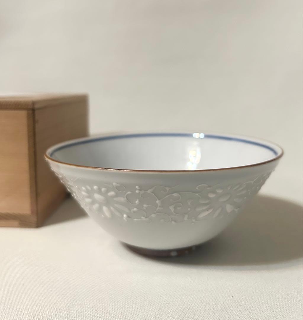 河本礫亭 白磁唐草文 茶碗 共箱 白盛 唐草 茶道具 礫亭