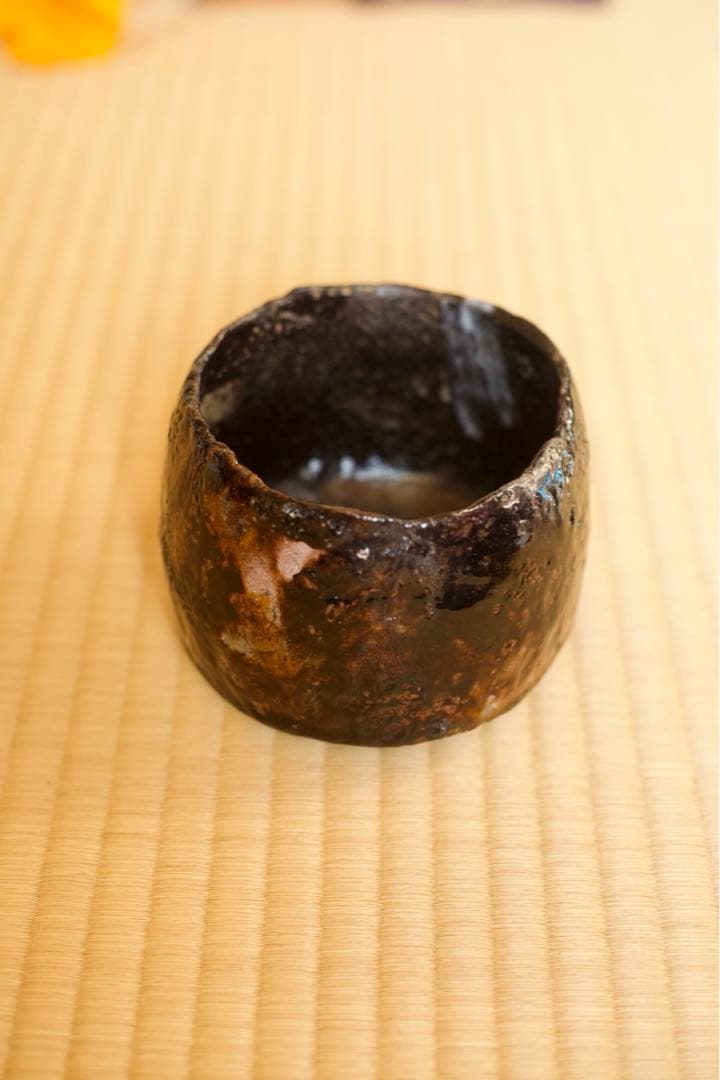 二階堂明弘　益楽黒茶碗　共箱　(益子焼)