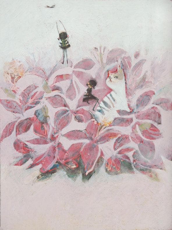 油絵菅家令子絵 絵画インテリア額付(青緑＋金色の枠)uF6-070519猫女の子