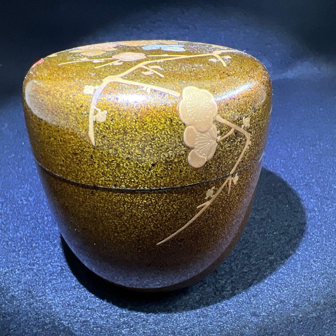 輪島塗　山下春甫造　梨地四君子蒔絵中棗　共箱　高さ約7㎝　東Y8-0106☆2F