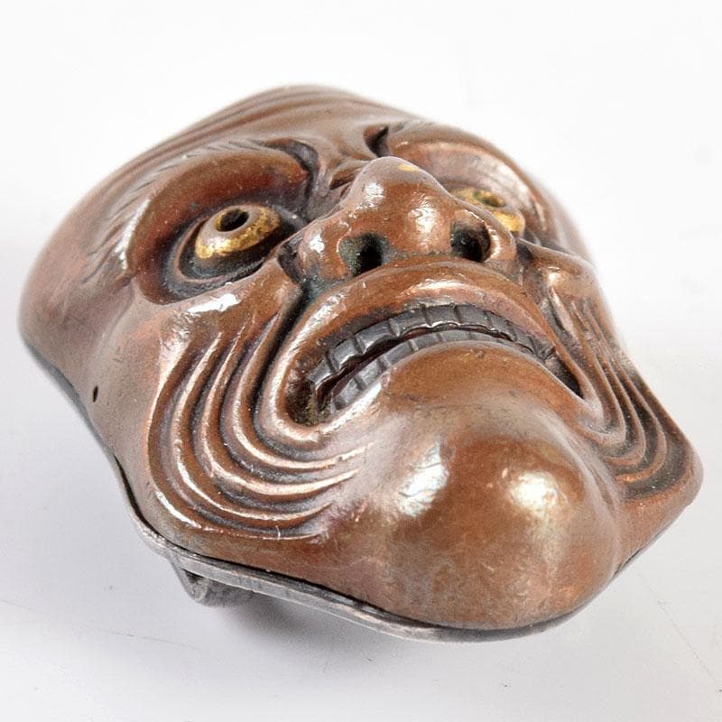 スー 時代金工　和装小物　古銅　能面帯留　時代箱付　M　R4979