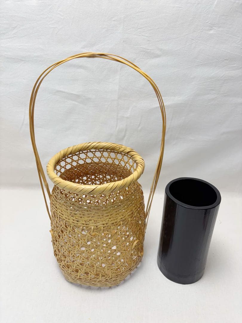 未使用 華道具 竹 和田菁竺作 三友籠 淡々斎好写 花籠 刻印有 竹おとし 元箱