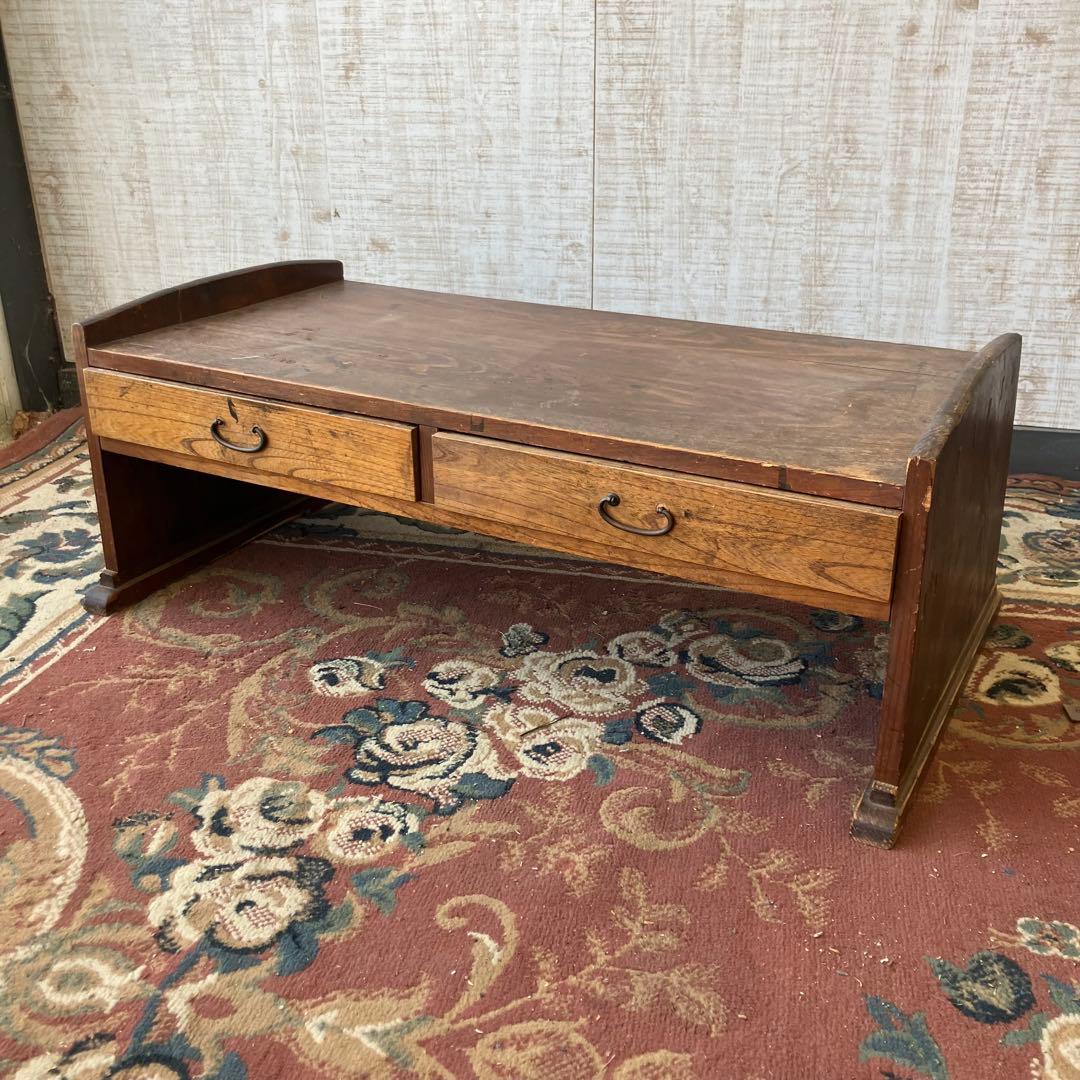 昭和レトロ アンティーク 古家具 木製文机 引き出し付き座卓 書斎机 無垢材