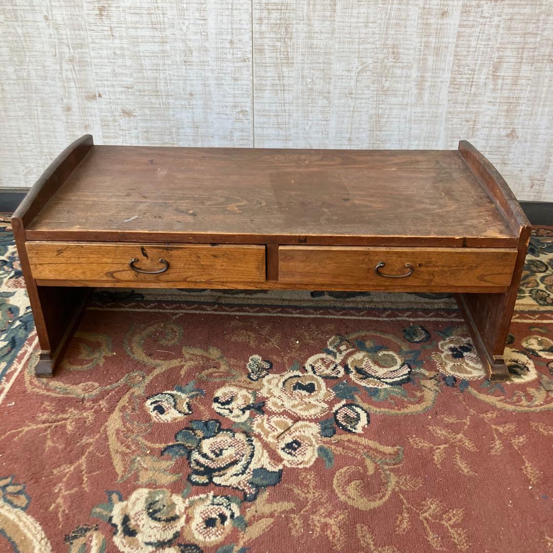 昭和レトロ アンティーク 古家具 木製文机 引き出し付き座卓 書斎机 無垢材