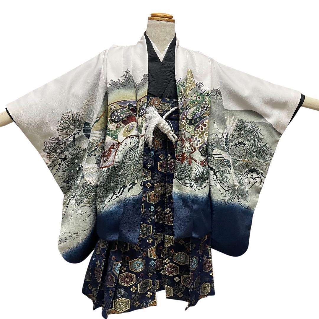 七五三 三歳 五歳 男の子 着物　袴　白　鷹　虎　富士山　金たたき　鶴