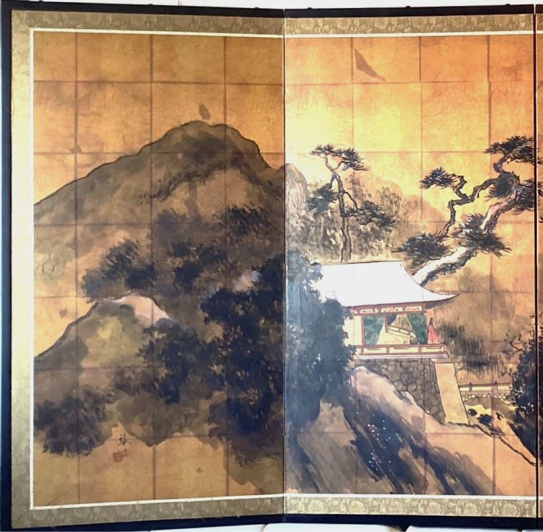 四つ折り屏風　日本画　金箔彩色　『雪見楼閣』