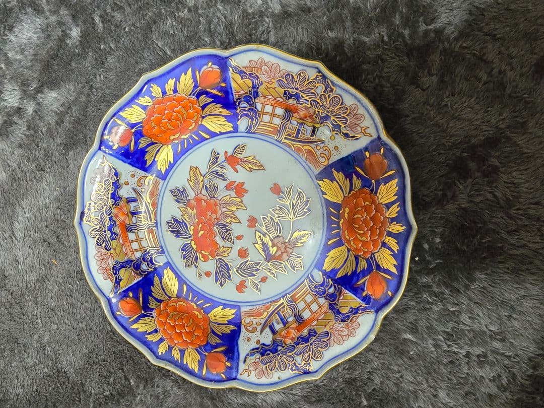 平成伍秀　青とオレンジの花柄八角形皿