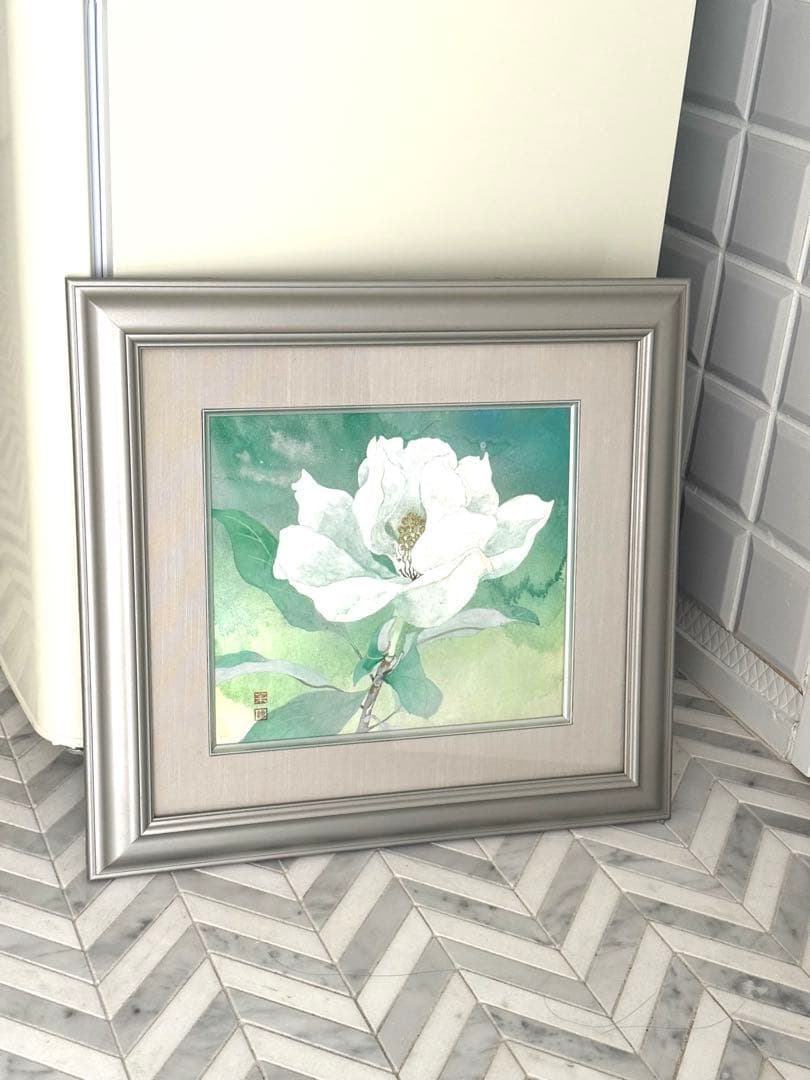 白い花の水彩画 シルバーフレーム