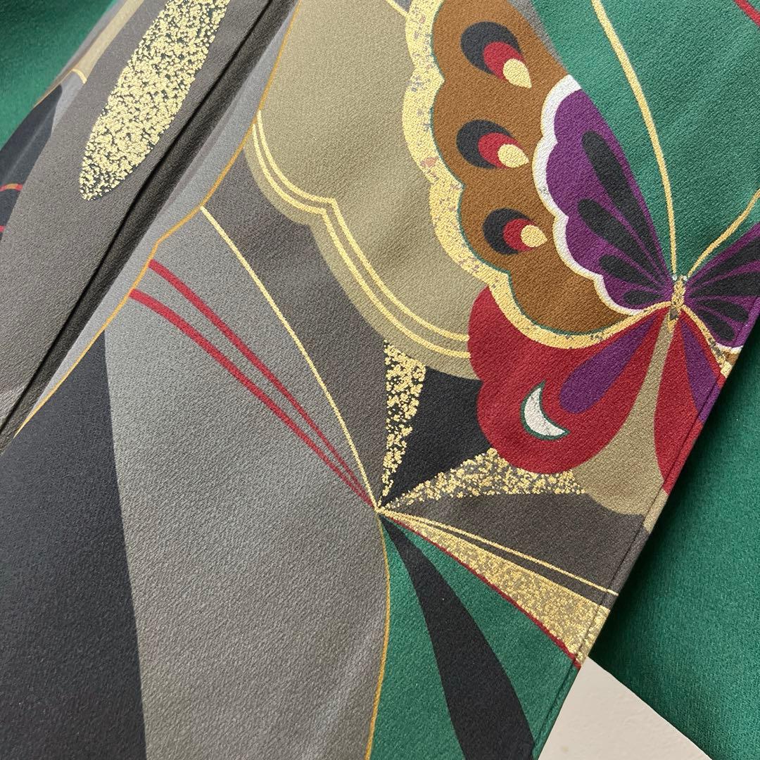 399 振袖フルセット 正絹 緑 グリーン 舞蝶 金彩 シンプル モダン ロング