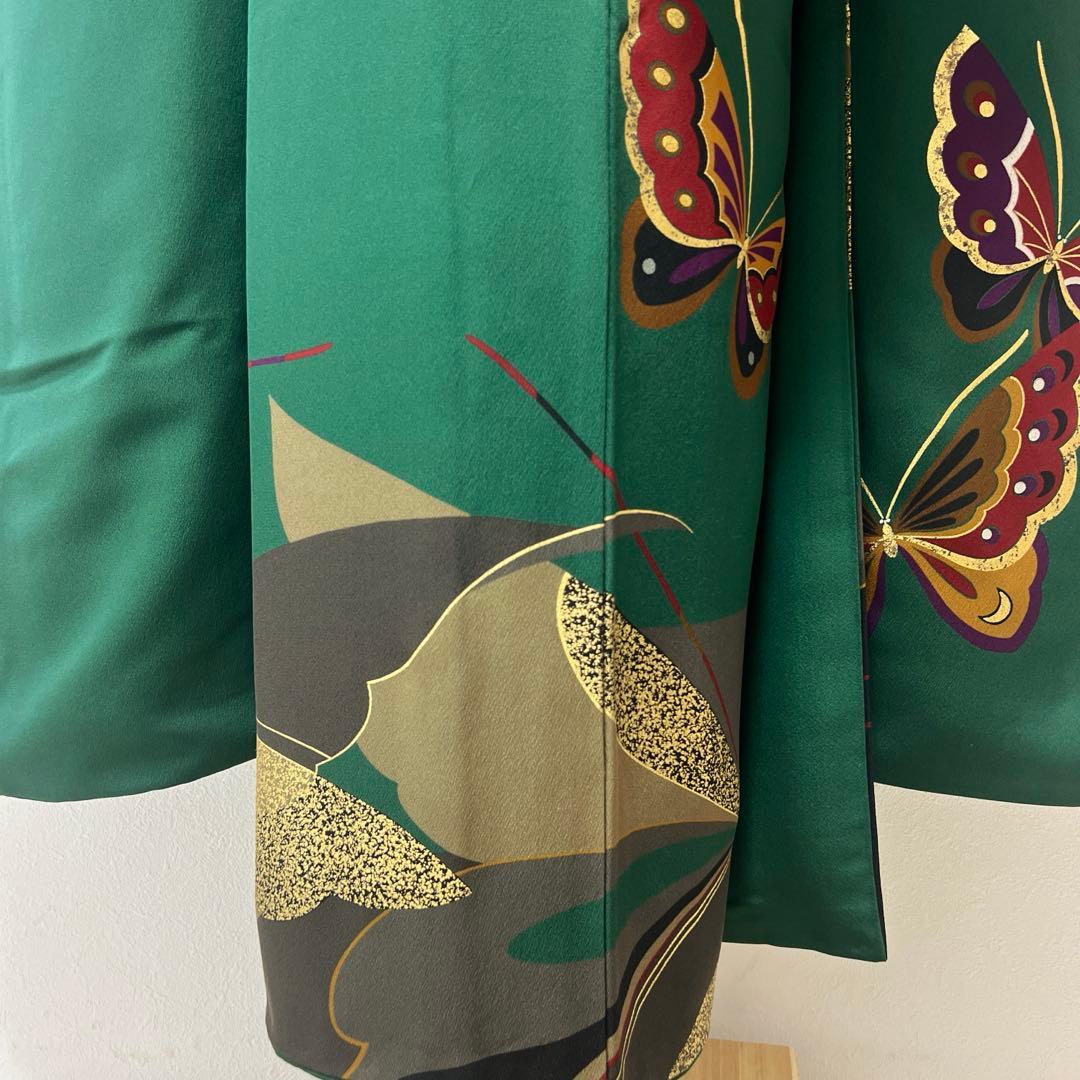 399 振袖フルセット 正絹 緑 グリーン 舞蝶 金彩 シンプル モダン ロング