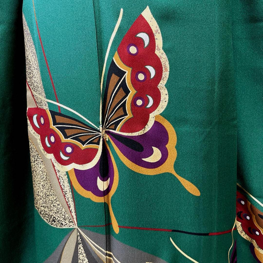 399 振袖フルセット 正絹 緑 グリーン 舞蝶 金彩 シンプル モダン ロング
