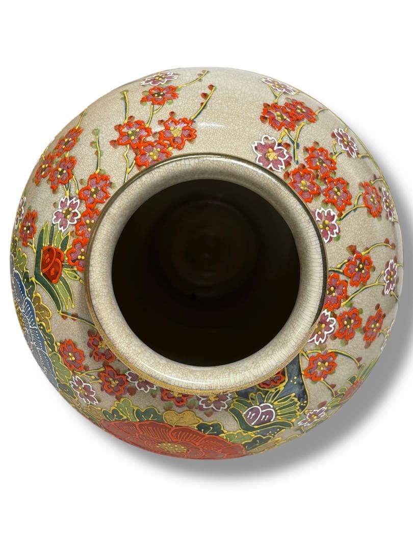 #薩摩焼 丸十字紋 色絵金彩 花鳥図 大壺 花瓶 木箱付き　S-12