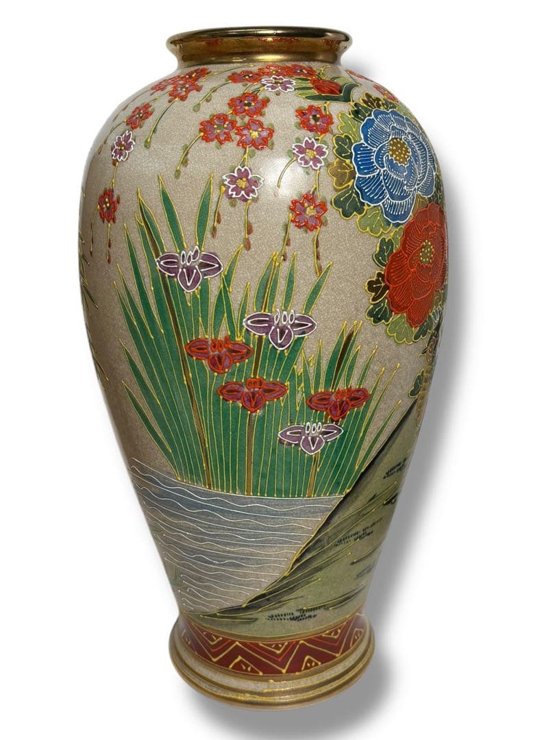 #薩摩焼 丸十字紋 色絵金彩 花鳥図 大壺 花瓶 木箱付き　S-12