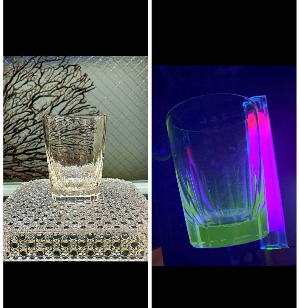 骨董　時代ガラス　希少　寸胴型　切子　水飲みコップ　ウランガラス　１客