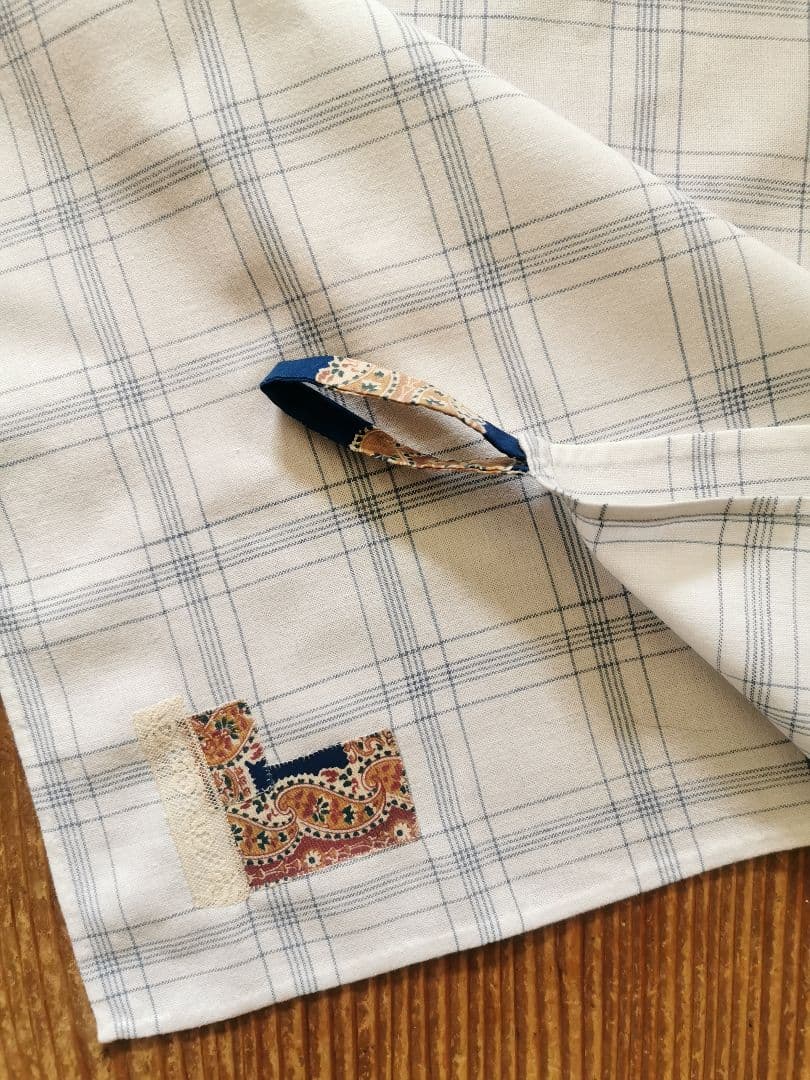 アンティーク インディゴ西洋花更紗アップリケ＆レース装飾付 ブルーチェッククロス