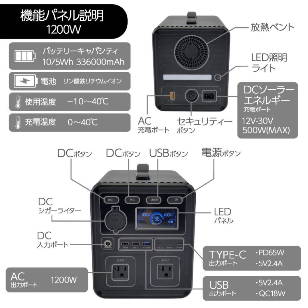 ACEMO ポータブル電源 1200W 1075Wh 黒　防災 停電 キャンプ用