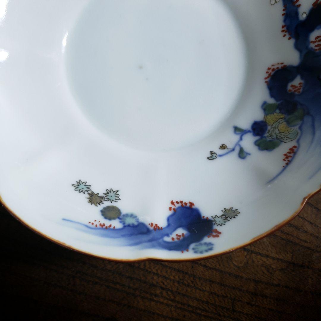 八花弁皿 染付 色絵付 取り皿 なます皿 岩 梅 菊 銘 明治 イ号