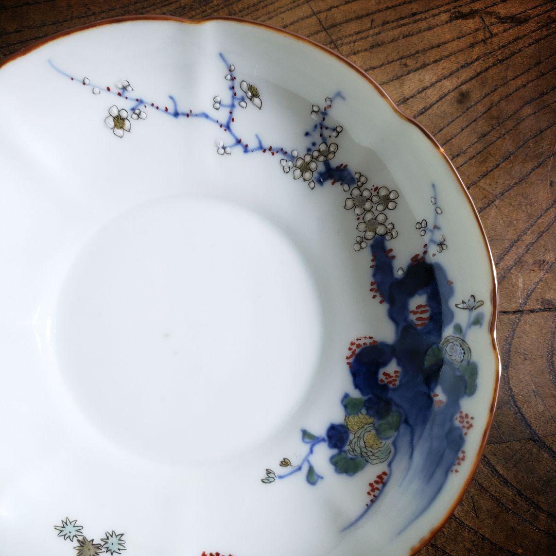 八花弁皿 染付 色絵付 取り皿 なます皿 岩 梅 菊 銘 明治 イ号