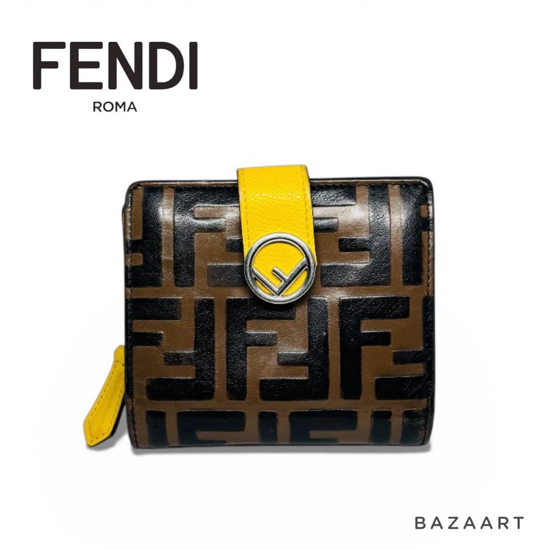 FENDI フェンディ 二つ折り財布 FFロゴ ズッカ レザー 黄色 イエロー