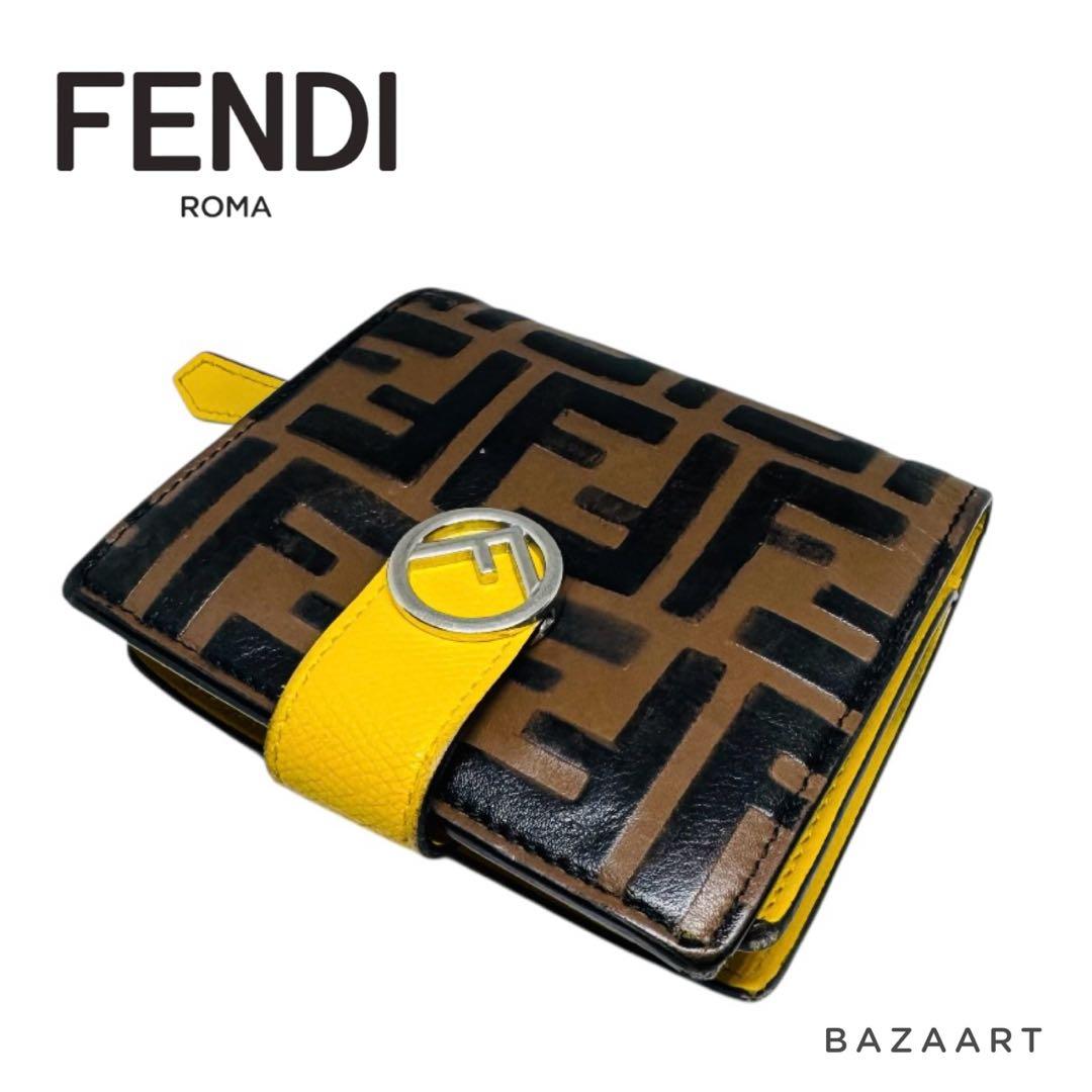 FENDI フェンディ 二つ折り財布 FFロゴ ズッカ レザー 黄色 イエロー
