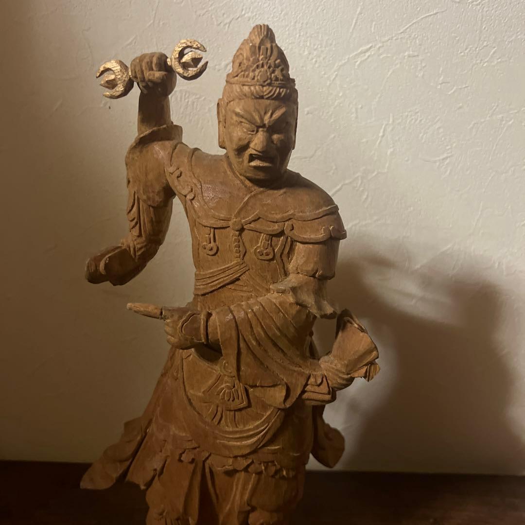 木製 武士像 三叉の槍 約30cm