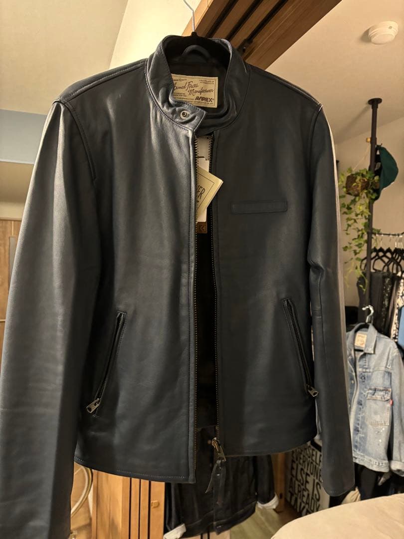 AVIREX レザー シングルライダースジャケットネイビー新品