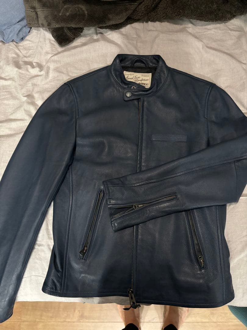 AVIREX レザー シングルライダースジャケットネイビー新品