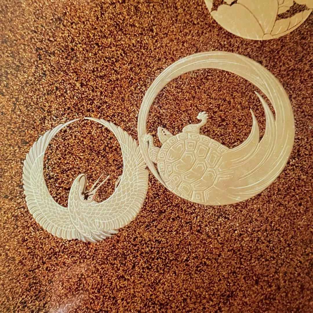 2115様感謝‼️JAPAN豪華梨地丸紋蒔絵「松竹梅&鶴亀」四方盆1枚家紋入木箱付