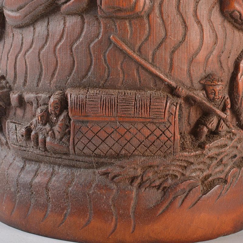 中国　乾隆御題　古竹彫刻　漢詩山水人物雕　筆筒　C　R7140E