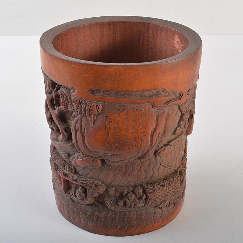 中国　乾隆御題　古竹彫刻　漢詩山水人物雕　筆筒　C　R7140E