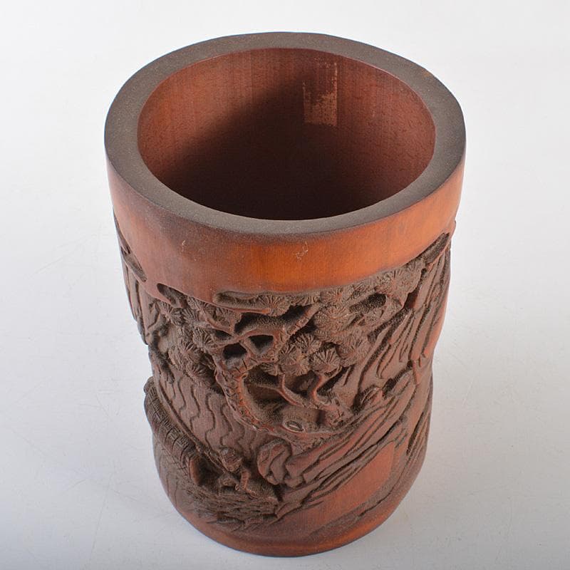 中国　乾隆御題　古竹彫刻　漢詩山水人物雕　筆筒　C　R7140E