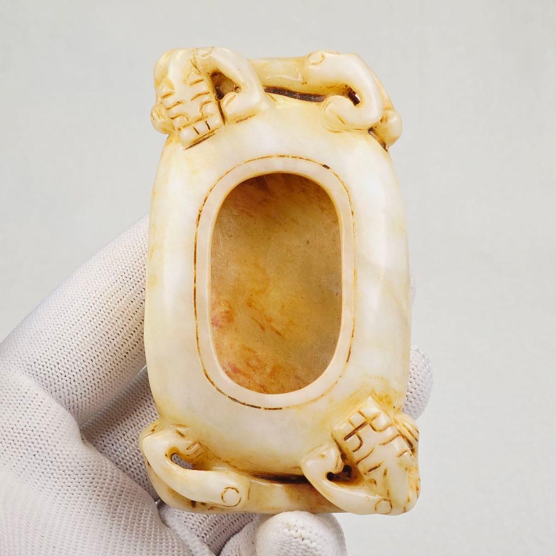 古文房具 本物和田白玉 原石 手彫 清代 双龍出郭 筆洗 筆添 墨池 水鉢 激安