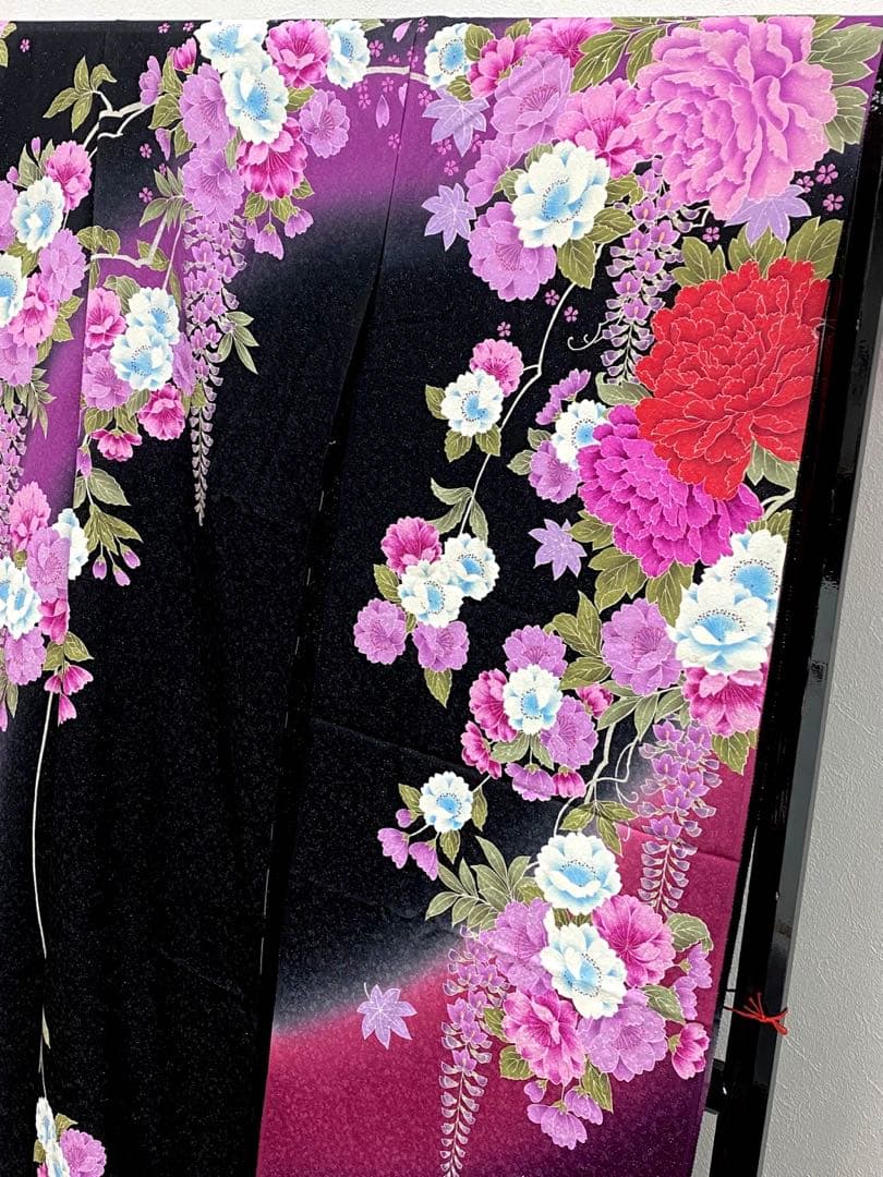 振袖 仮絵羽 銀通し 刺繍 紋意匠 牡丹 藤 正絹 未仕立て品 八掛付き