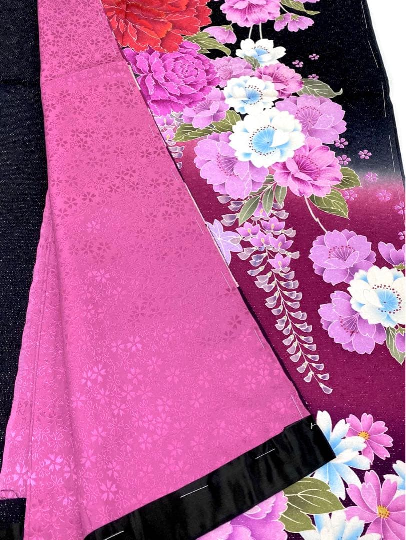 振袖 仮絵羽 銀通し 刺繍 紋意匠 牡丹 藤 正絹 未仕立て品 八掛付き