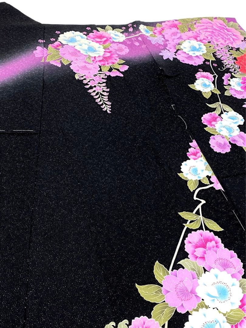 振袖 仮絵羽 銀通し 刺繍 紋意匠 牡丹 藤 正絹 未仕立て品 八掛付き