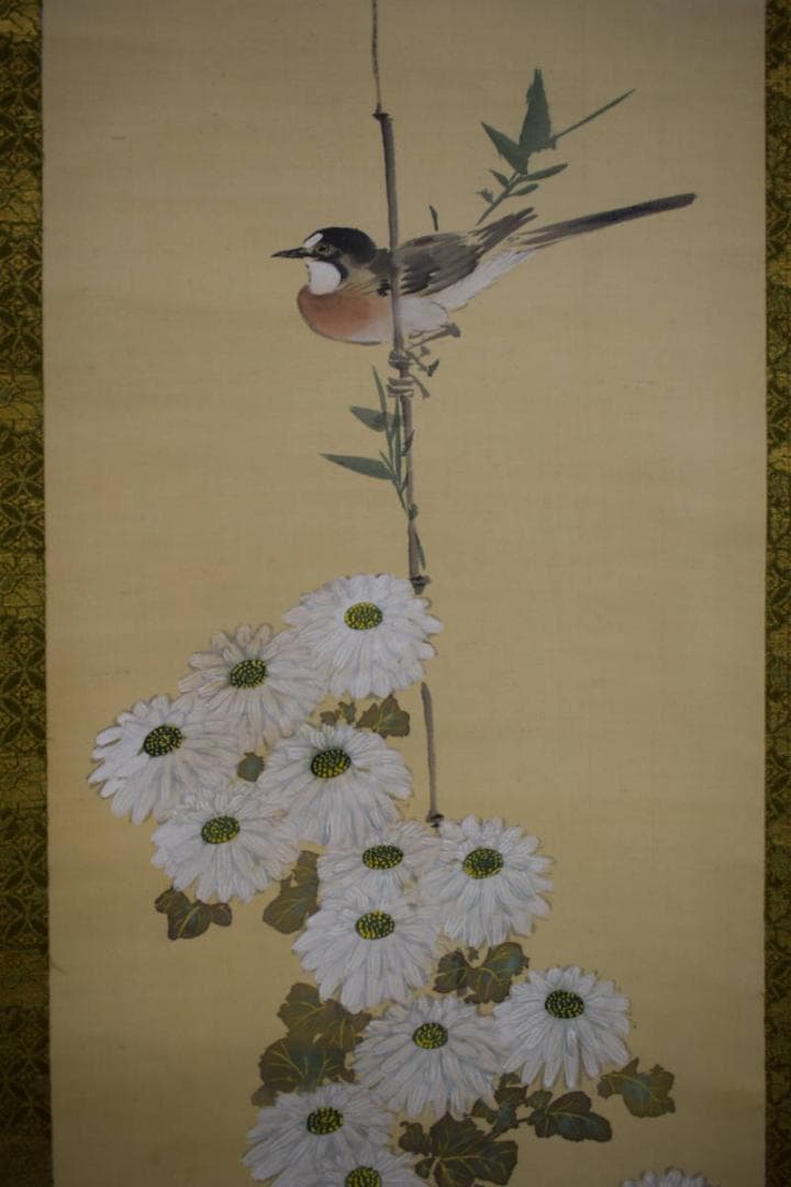 模写/酒井抱一/菊花小禽図/布袋屋掛軸HI-246